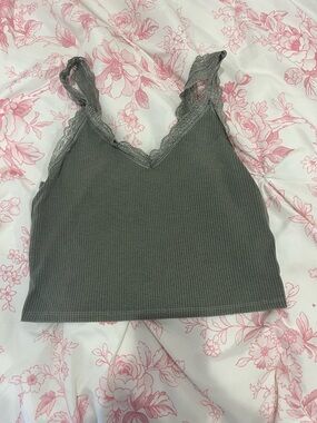 American Eagle Outfitters Olive Green Ribbed Lace Trim Tank